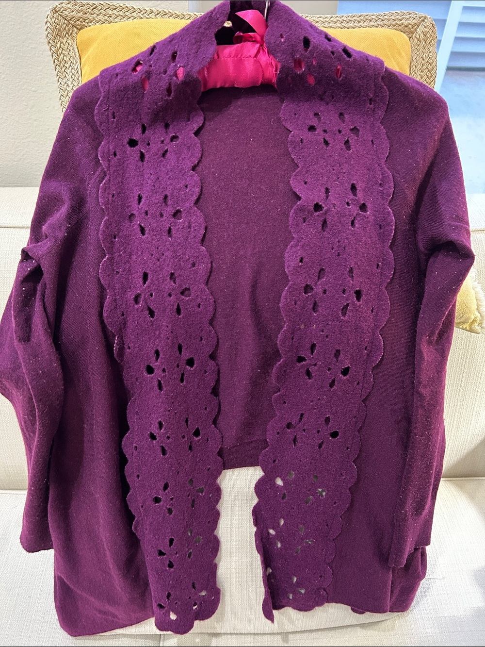 Anthropologie Purple Open-Front Cardigan with Scalloped Laser-Cut Trim